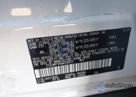 2025 Toyota Rav4 Hybrid Le из США, поврежденный, VIN 2T3LWRFV8SW258977